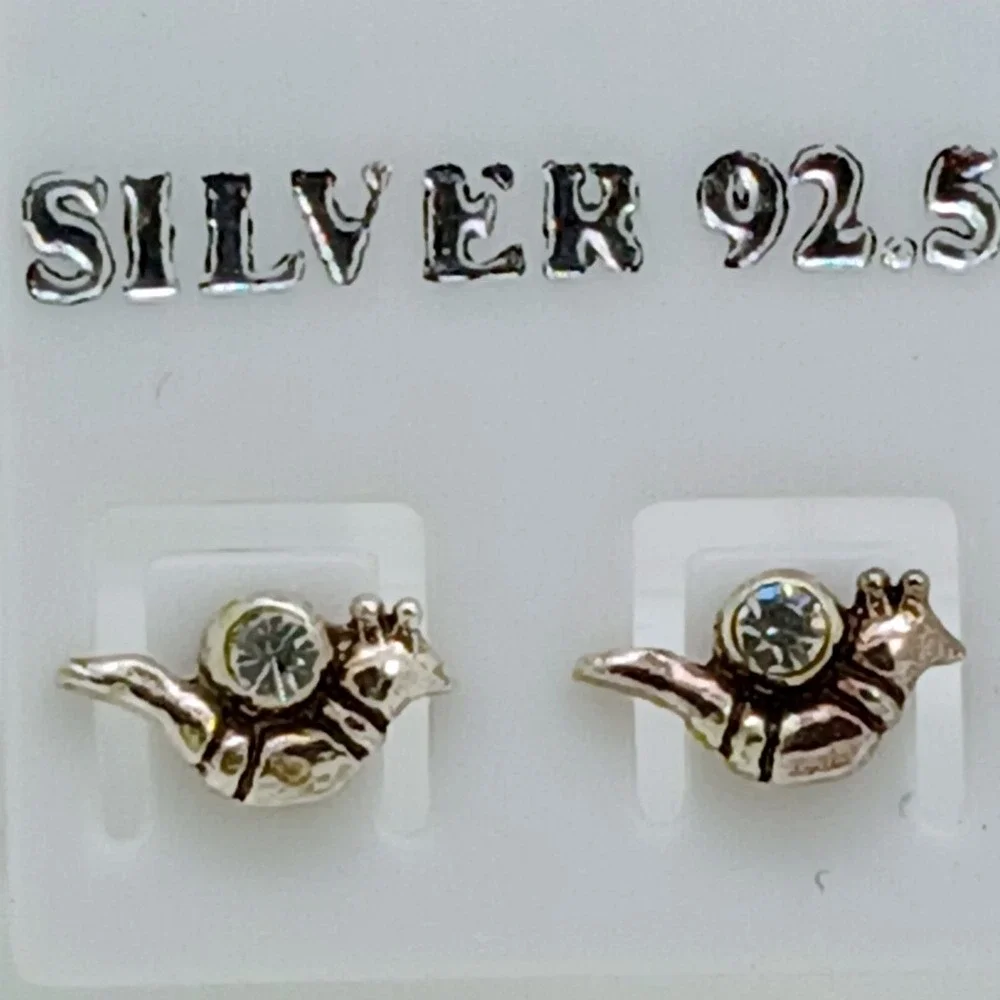 Vintage 1990s Thai Sterling Silver 925 Snail Stud Earrings Crystal Tiny Nature